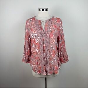Como Vintage Pink Orange Brown Floral Boho 3/4 Sleeve Top Blouse Women Large